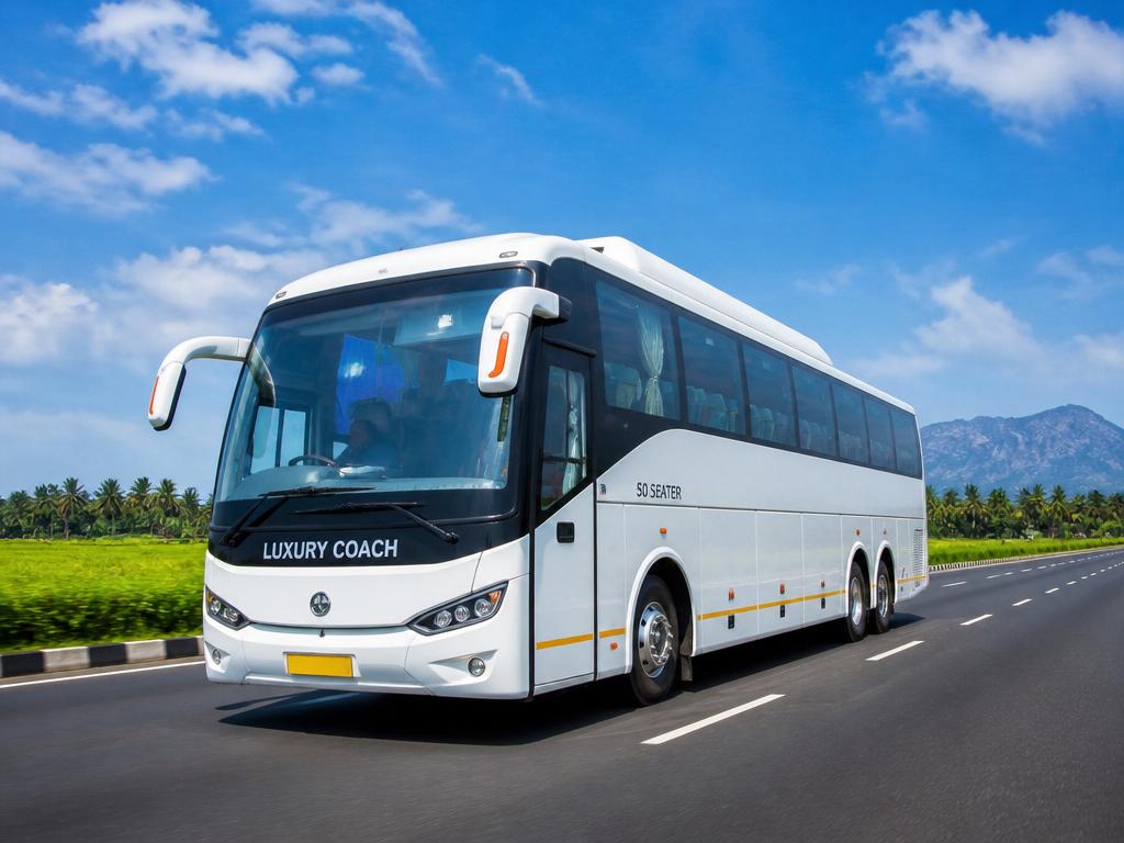 Large white 50-seater luxury coach bus on a highway