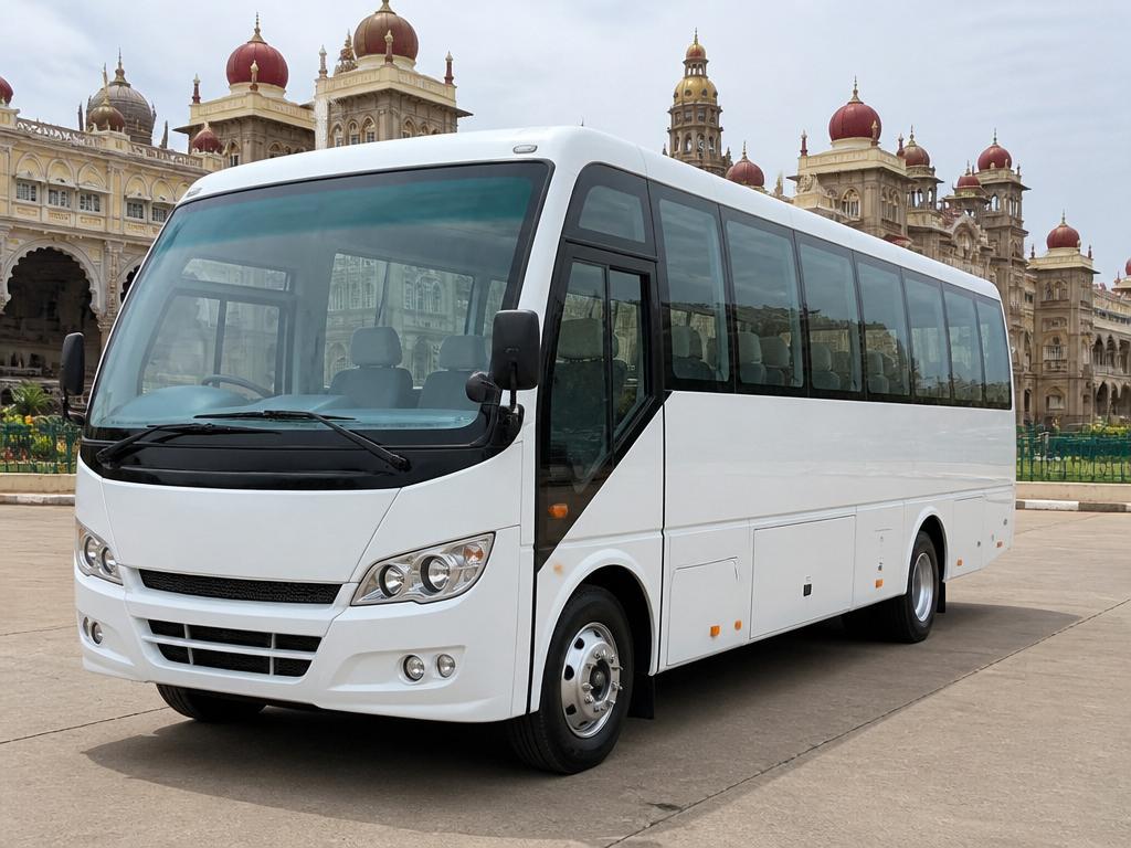 Modern white 21-seater mini bus parked near Mysore palace