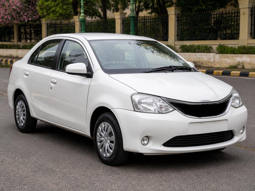 Clean white Toyota Etios sedan for A to B Cabs tours