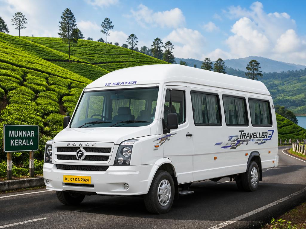 White 12-seater Tempo Traveller van for group tours